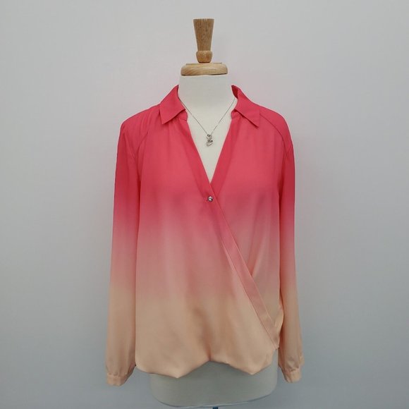 INC International Concepts Tops - INC Womens Ombre V-Neck Faux Wrap Blouse Top Size 14 Pink Orange Long Sleeve